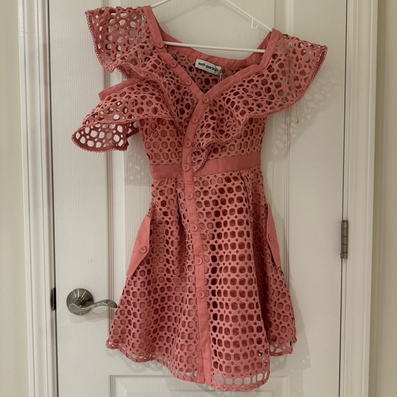 Self-Portrait | Lace Frill Asymmetric Cold-Shoulder Fit & Flare Pink Mini Dress - Picture 5 of 16